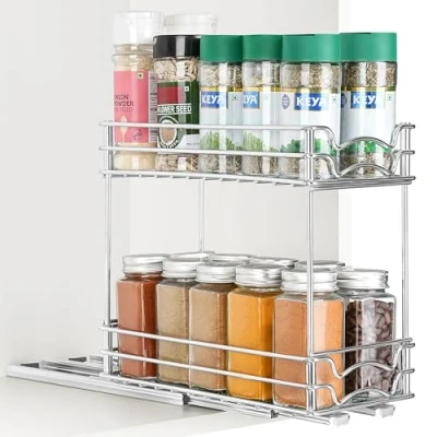 Afbeelding van Winter Shore Kruidenlade met 2 niveaus Kruidenrek Keuken Kast Verticaal Uitschuifbaar Kruidenorganizer Uitschuifbare Lade inzetstukken
