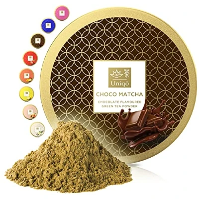 Image de Tea Uniqo Matcha chocolat en poudre pour glace, latte, milkshake, pâtisserie, cuisine ou à boire seul Thé vert goût chocolat, 100 % naturel, dans une boîte refermable