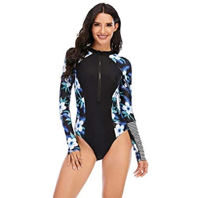 Afbeelding van BEACHKINI Dames Zip Up Surfwear Badpak Lange Mouwen Vrijetijdsbadpak Rash Guards, Blauw Zwart