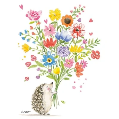 Afbeelding van 20 stuks papieren servetten met egelmotief bloemenboeket, ook geschikt voor decoupage en servettechniek, 33 x cm