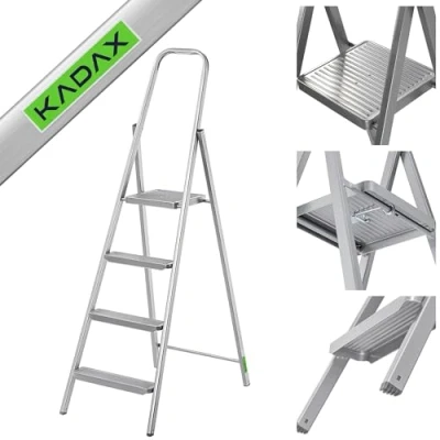 Afbeelding van KADAX Eenzijdige stalen ladder met antislipvoeten, plank, trapladder, vouwladder, huishoudladder brede treden (4 treden)