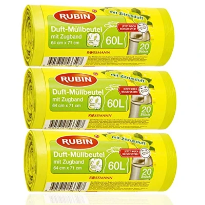 Afbeelding van Zugband Vuilniszakken met frisse citrusgeur, 3 verpakkingen van 20 stuks, 60 liter (60 stuks), ideaal voor thuis, kantoor en badkamer