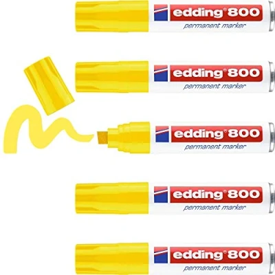 Afbeelding van edding 800 permanente markers geel 5 stiften wigpunt 4 12 mm voor brede markeringen sneldrogend, waterdicht en slijtvast karton, kunststof, hout, metaal, glas