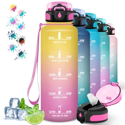 Afbeelding van Gourde de 1 5 l Pour le sport Facile à nettoyer Avec paille Anti fuite adulte marqueur temps la course, camping Jaune et rose