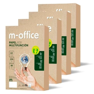 Afbeelding van 4 verpakkingen van 250 gerecyclede A3 vellen, DIN A3, 80 g, kopieer en printerpapier, 100% m office gerecycled papier (1000 vellen)