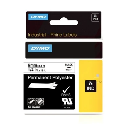 Image de DYMO Rhino Étiquettes Industrielles Autocollantes en Polyester, 6mm x 5.5m, Noir sur Blanc
