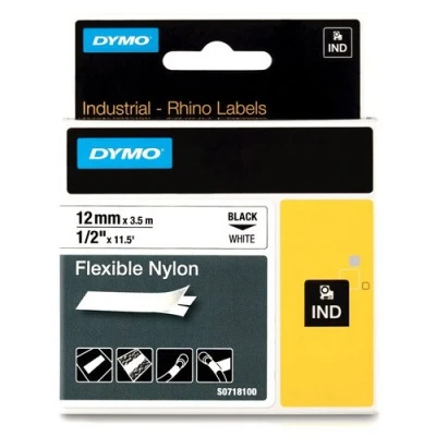 Image de DYMO Rhino Etiquettes Industrielles Nylon Flexible 12mm x 3.5m Noir sur Blanc