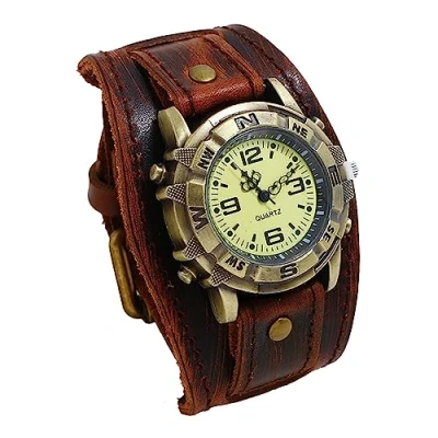 Afbeelding van JewelryWe Herenhorloge van echt leer, steampunk, retro, analoog, kwarts, met leren band, casual horloge voor dames en heren, Donkerbruin, Steampunk