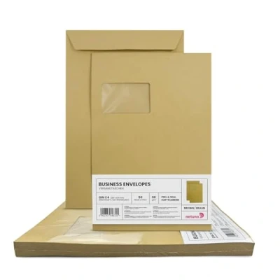 Afbeelding van Netuno 50 bruine enveloppen C4 229 x 324 mm, zelfklevende rechte klep met venster links, 90 g, in groot formaat, zakelijke voor correspondentie