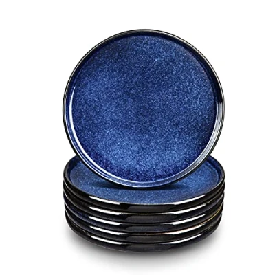 Afbeelding van vicrays Set van 6 keramische platte borden, 25,4 cm, krasbestendig, magnetron en vaatwasmachinebestendig, blauw