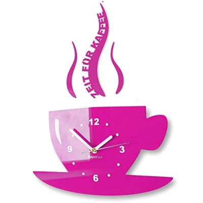 Afbeelding van FLEXISTYLE Kopje Koffie Moderne Keuken Wandklok, 3D Romeins Cijfer, Wandklok Decoratie (Roze)