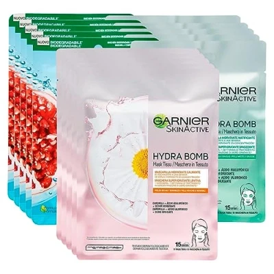 Afbeelding van Garnier SkinActive Hydra bomb stimulerend stoffen masker met granaatappel + 5 x kalmerende kamille hydraterende groene thee 15 gezichtsmaskers