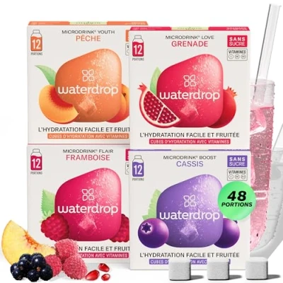 Image de waterdrop® Coffret Microdrink 48 waterdrop Boisson en cube effervescente 4 saveurs Extraits naturels de fruits et plantes Avec vitamines sans sucre Eau aromatisée pastille