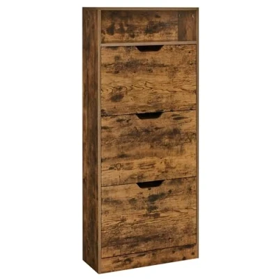Afbeelding van VASAGLE LBC046B01 Schoenenkast met 3 kleppen, schoenenrek, open vak, verstelbare scheidingswand, voor 14 18 paar schoenen, hal, 24 x 60 139 cm, vintage bruin