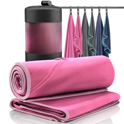 Afbeelding van Microvezel Handdoek draagtas Set van 2 Klein &amp; groot: Voor de douche Lichtgewicht, absorberend, compact Sneldrogend Sport Camping Reizen Strand (Roze)