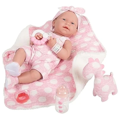Image de Berenguer All Vinyl La Newborn Doll in Pink Onesie/Dinosaur Theme. REAL GIRL!
