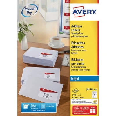 Afbeelding van Avery witte etiketten QuickDry ft 63,5 x 33,9 mm (b h), 2.400 stuks, 24 per blad etiket