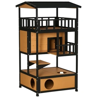 Afbeelding van PawHut Katzenhaus, Tannenholz, Katzenhütte für draußen mit Terrasse, Katzenhöhle, 4 Etagen, Katzenvilla Treppe, Asphaltdach, Winterfest, Kleintierhaus, Gelb, 75,5 x 75 137 cm