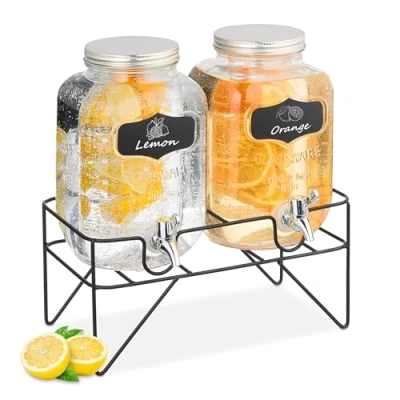 Afbeelding van Relaxdays drankdispenser met houder glas set van 2 kraantje infuser label