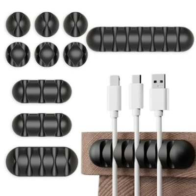 Afbeelding van UBRAVE Kabelclips voor kantoor, 10 stuks, zelfklevend, kabelhouder, kabelorganizer, kabelbeheer, kabelbeheer USB, oplaadkabel/muis/hoofdtelefoon/pc, zwart