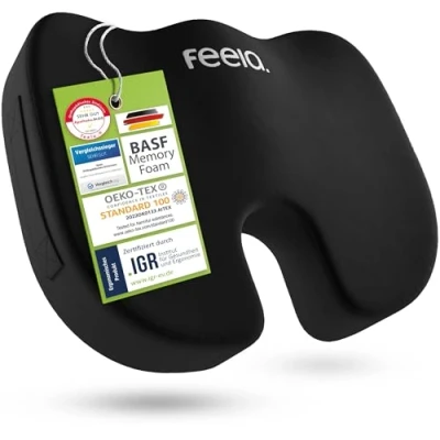 Afbeelding van feela.® Orthopedisch zitkussen [3 hardheidsgraden] Ergonomisch voor bureaustoel &amp; co werkt pijnverminderend, verhoogt zitcomfort, bevordert de doorbloeding en ontlast het stuitbeen (hard)