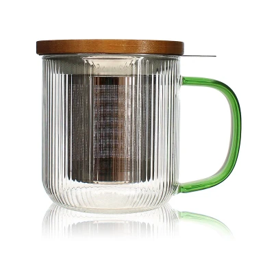 Afbeelding van OGO Glazen theetas met zeef en deksel Karl groen handvat 300ml
