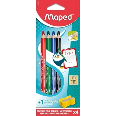 Image de Maped Marker&#039;Peps Lot de 4 crayons pour tableau blanc + taille crayon, écrivez et effacez facilement, enfants avec corps épais prise en main confortable, matériel scolaire
