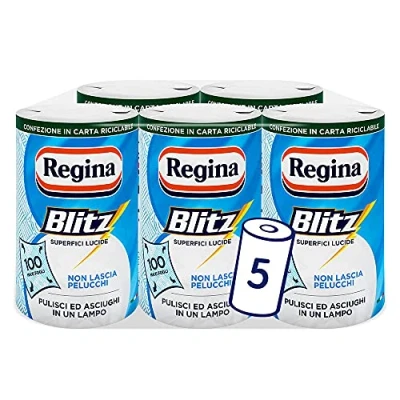 Afbeelding van Regina Blitz Huishoudpapier, 5 rollen, 500 vellen met maximaal 3 sluiers, recyclebare papieren verpakking, schoon en droog in een flits, 100% FSC gecertificeerd papier