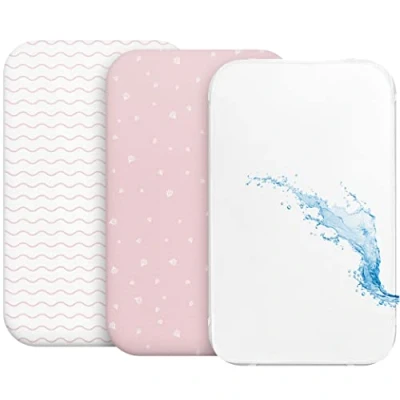 Afbeelding van Cododo Hoeslaken (2 stuks) + 1 matrasbeschermer, waterdicht, met elastiek, 3 in 1, afmeting 55 x 90 cm, compatibel wiegen, matras Baby, voor meisjes en jongens, motief roze