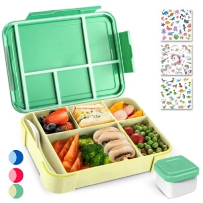 Afbeelding van PUWOWYE Schiscetta lunchbox met bestek, 1330 ml, voor kinderen en volwassenen, Bento Box 5 vakken, magnetron, picknickwerk, kantoor, BPA vrij (groen)
