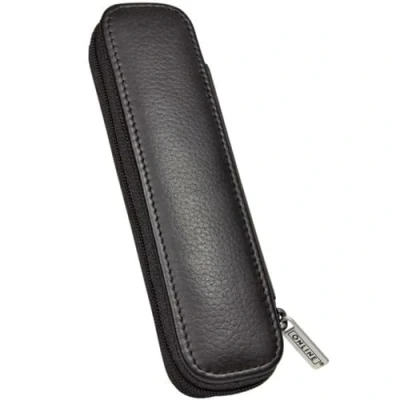 Afbeelding van Online Zwart leren etui voor twee pennen, veer of balpen met ritssluiting, pennen van alle merken, hoogwaardig leer, zwart, kantoor, afmetingen: 13,5 x 4,5 2,2 cm