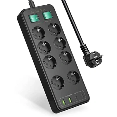 Afbeelding van Elektrische stekkerdoos USB C, met schakelaar, 8 stopcontacten, overspanningsbeveiliging en overspanning, meervoudig stopcontact, 4 poorten, oplader, meervoudige wandcontactdoos,