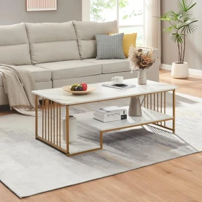 Afbeelding van Salontafel Klibro marmerlook wit en goudkleurig 120x60x42 cm [en.casa]