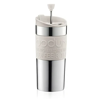 Afbeelding van Bodum K11067 913 Travel Press Set beker met zuiger van roestvrij staal + extra deksel 0,35 l crèmewit