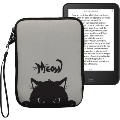 Afbeelding van kwmobile Universele Cover voor eReader Neopreen hoesje Kat Meow design grijs / zwart 17 x 12 2 cm