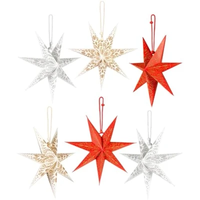 Afbeelding van BRUBAKER 6 Papieren Kerststerren Advent Sterren Decoratieset Grote Boom Decoratie Kerstboom en Raamdecoratie 20 cm Vouwbare Rood Wit