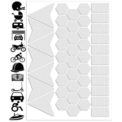 Afbeelding van Biomar Labs® Set van 45 pvc stickers, hoge zichtbaarheid, reflecterend, nachtzichtbaarheid, stickers voor fiets, helm, kinderwagen, speelgoed, caravan, rol, boot, wit, D 49