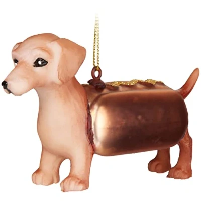 Afbeelding van BRUBAKER Teckel als Hot Dog Handbeschilderde Kerstbal van Glas Handgeblazen Kerstboomversieringen Figuren Grappige Decoratieve Hangers Boombal 10,8 cm
