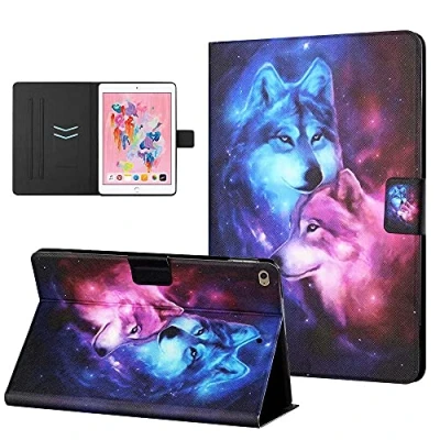 Afbeelding van CasaFuny beschermhoes voor iPad Air 2/Air 1/iPad 9,7 inch 2018/2017 (6e/5e generatie), met tas, automatische slaap /wekfunctie, wolf