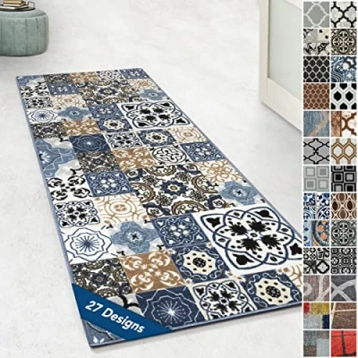 Afbeelding van Floordirekt Loper met patroon, tapijt fijne lussen op maat voor keuken, hal en woonkamer, vintage ornament, oosters raster (80 x 150 cm, St. Davids)
