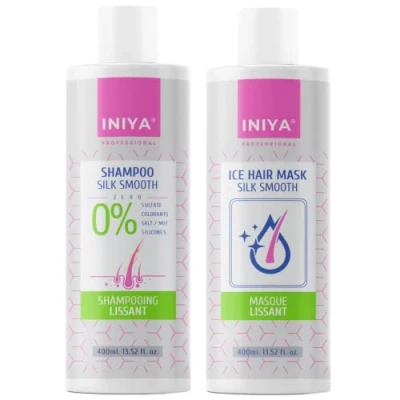 Afbeelding van gladmakende shampoo en verzorging, zonder sulfaten siliconen, Iniya zijde gladde set, Braziliaans gladmakend masker, tannine (2 x 400 ml), Frans merk