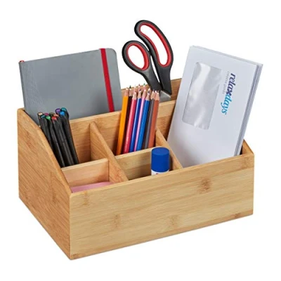 Afbeelding van Relaxdays pennenbakje bamboe groot bureau organizer hout pennenhouder 6 vakken