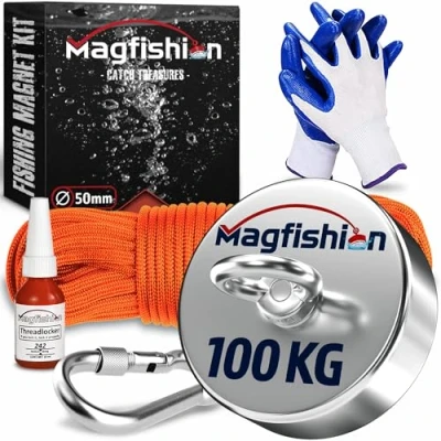 Afbeelding van Magfishion Krachtige neodymium magneet 100 kg vismagneet Ø 50 mm met touw (20 m) en handschoenen magnetische visset oogmagneet