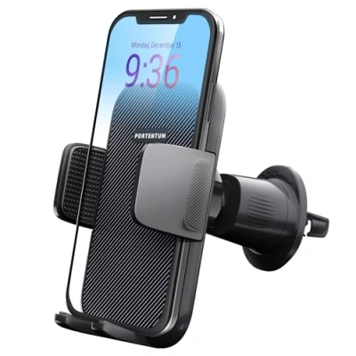 Afbeelding van PORTENTUM telefoonhouder voor auto, stabiele haak en stevige stekker, 360 rotatie, met ventilatierooster, een ontgrendelingsknop, smartphone van 4 inch tot 7