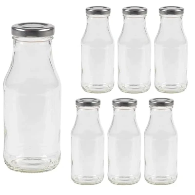 Afbeelding van Vitrea TO43 glazen flessen, 263 ml, lege flessen met zilverkleurige schroefsluiting, voor melk, sap, smoothies, olie, kleine om te vullen, set van 6