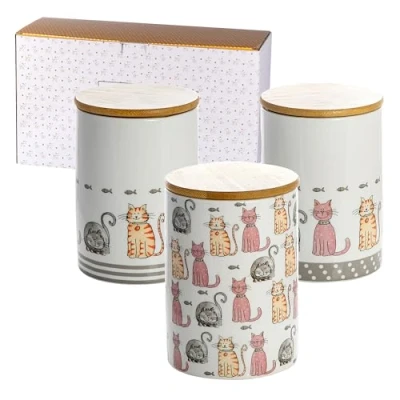 Afbeelding van Set van 3 keramieken voorraadpotten met deksel, voorraadpottenset, theepot pot, koffiepot, opbergdoos bamboe voorraadpot voor thee koffiesuiker
