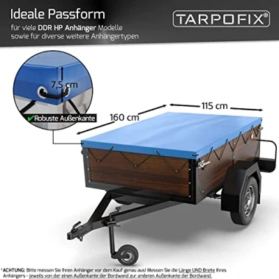 Afbeelding van Tarpofix® aanhangerzeil plat dekzeil 160 x 115 7,5 cm incl. dekzeiltouw randversterkte aanhangerset (blauw) duurzame aanhanger voor Stema DDR hangers o.a. FP HP 500 650 etc.