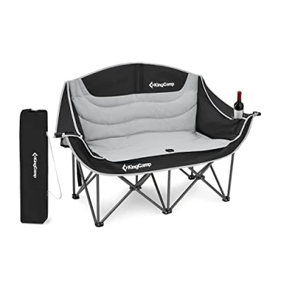 Afbeelding van KingCamp Dubbele opvouwbare comfortabele campingstoel 2 zits gestoffeerde met bekerhouder en armleuning, groot formaat, tuinstoel voor kamperen, picknick, vissen,
