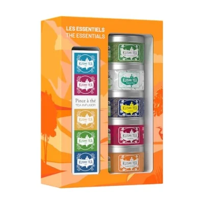 Afbeelding van Kusmi Tea Set &quot;Les Essentiels&quot; + theetang assortiment biologische thee cadeau idee voor dames en heren zwarte thee, groene infusies gemaakt in Frankrijk 5 dozen van 25 g