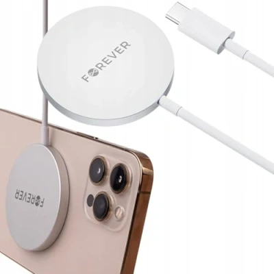 Afbeelding van FOREVER Draadloze oplader, inductieve rond, dun, discreet, universeel, 15 W, 1 m kabel, compatibel met verschillende smartphonemerken, die draadloos opladen hebben, wit